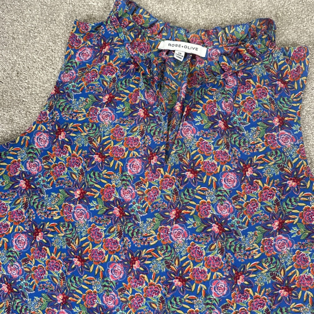 Rose +‎ Olive Women Floral Sleeveless Crew Ruffle Neck Top X-Small Blue Blouse